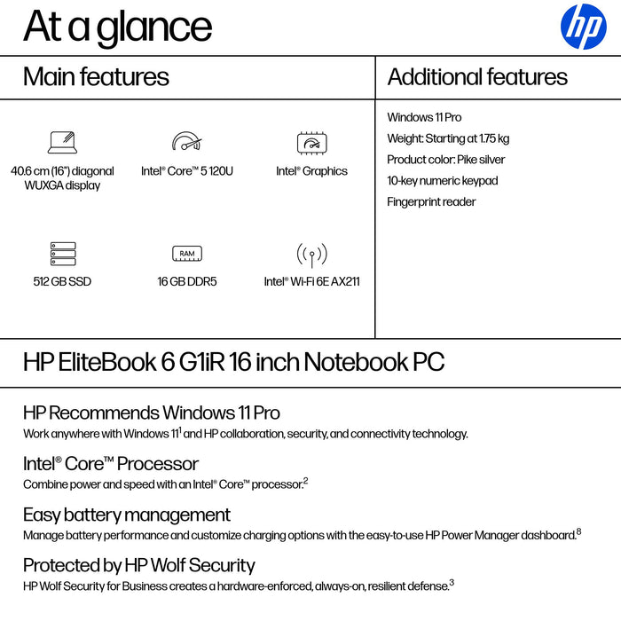 HP EliteBook 6 G1iR, Intel Core 5, 40.6 cm (16"), 1920 x 1200 pixels, 16 GB, 512 GB, Windows 11 Pro