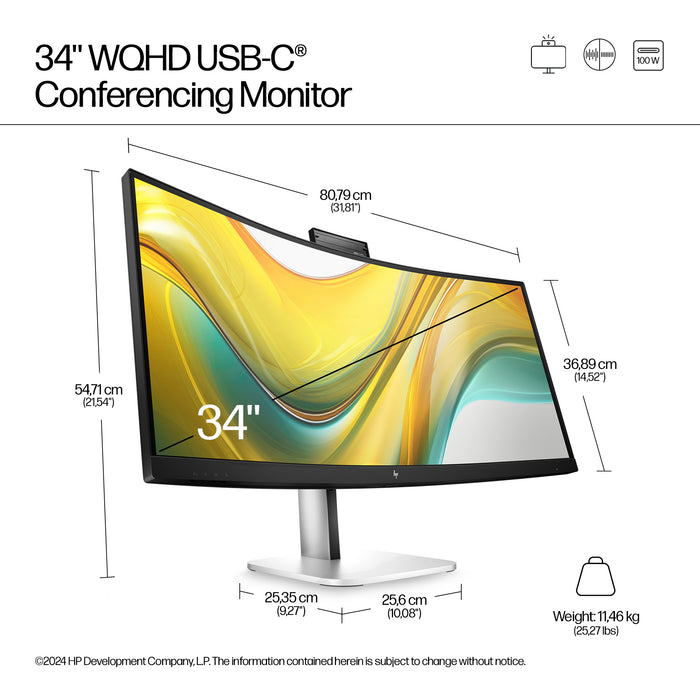 HP Series 5 Pro 34 inch WQHD USB-C Conferencing Monitor - 534pm, 86.4 cm (34"), 3440 x 1440 pixels, Wide Quad HD, LCD, 5 ms, Black