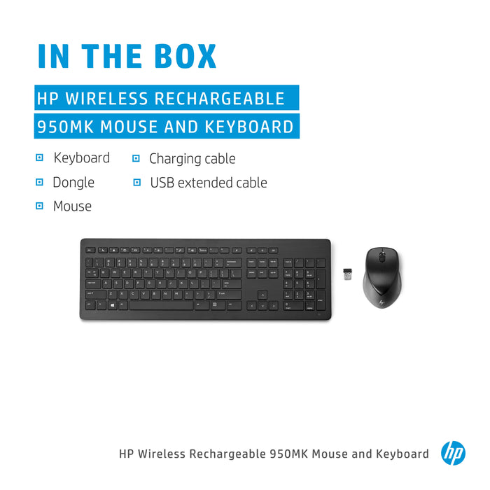 HP Wireless Rechargeable 950MK Mouse and Keyboard, Full-size (100%), Wireless, RF Wireless, Mechanical, Black, Mouse included