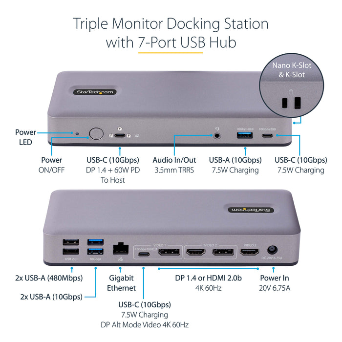 StarTech USB-C Docking Station - Triple 4K30 / Dual 4K60 - DP Alt Mode/DP/HDMI - 7-Port USB Hub - PD 3.0 - GbE - Audio - K-Slots - Works With Chromebook - Multi-Monitor USB-C Dock , TAA (DK31C3MNCRUE)