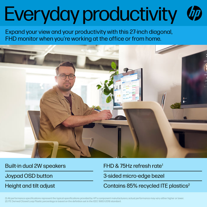 HP P27h G5 FHD Monitor, 68.6 cm (27"), 1920 x 1080 pixels, Full HD, LCD, 5 ms, Black