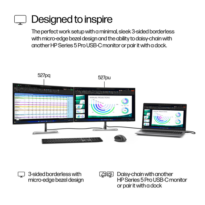 HP Series 5 Pro 27 inch QHD Monitor - 527pq, 68.6 cm (27"), 2560 x 1440 pixels, Quad HD, LCD, 5 ms, Black