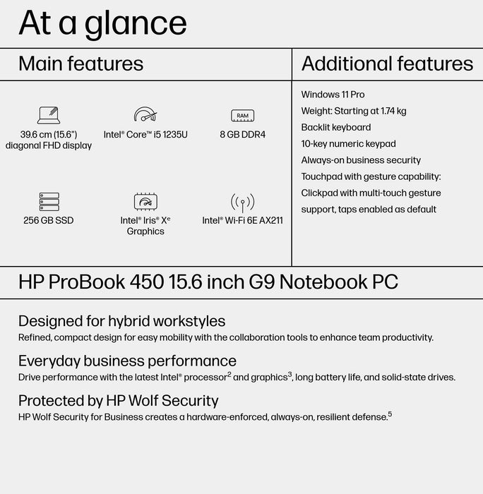 HP ProBook 450 G9, Intel® Core™ i5, 1.3 GHz, 39.6 cm (15.6"), 1920 x 1080 pixels, 8 GB, 256 GB