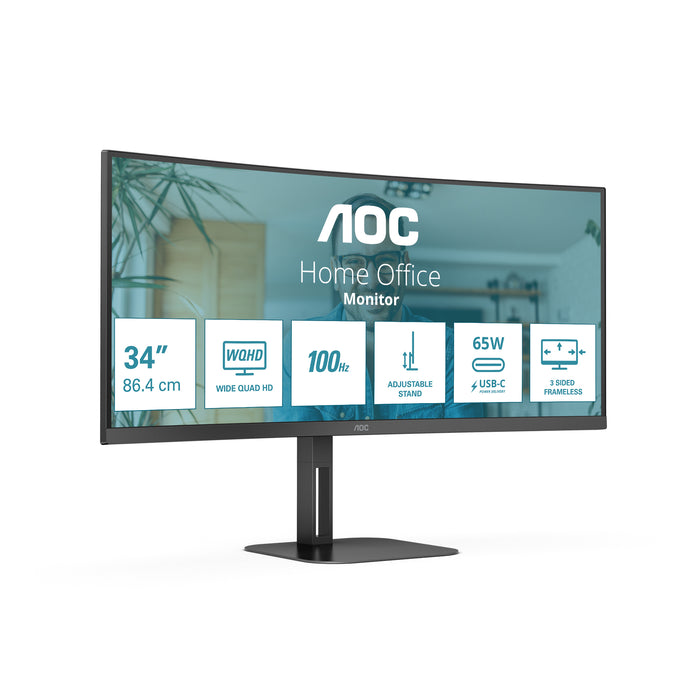 AOC V5 CU34V5C/BK, 86.4 cm (34"), 3440 x 1440 pixels, Wide Quad HD, LED, 4 ms, Black