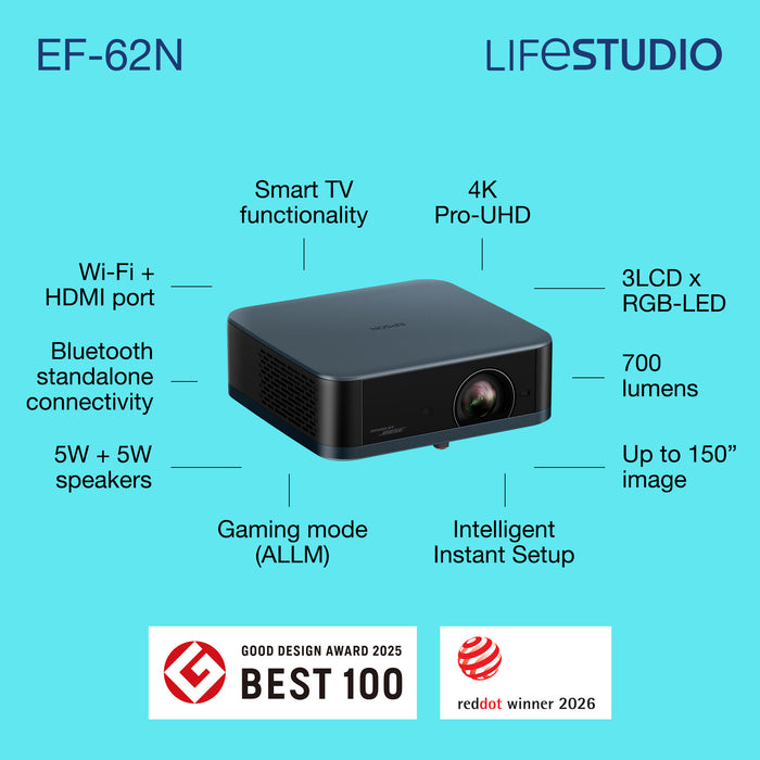 Epson Lifestudio Pop Plus — EF-62N Navy Blue, 700 ANSI lumens, 3LCD, UHD 4K (3840x2160), 5000000:1, 16:9, 762 - 3810 mm (30 - 150")