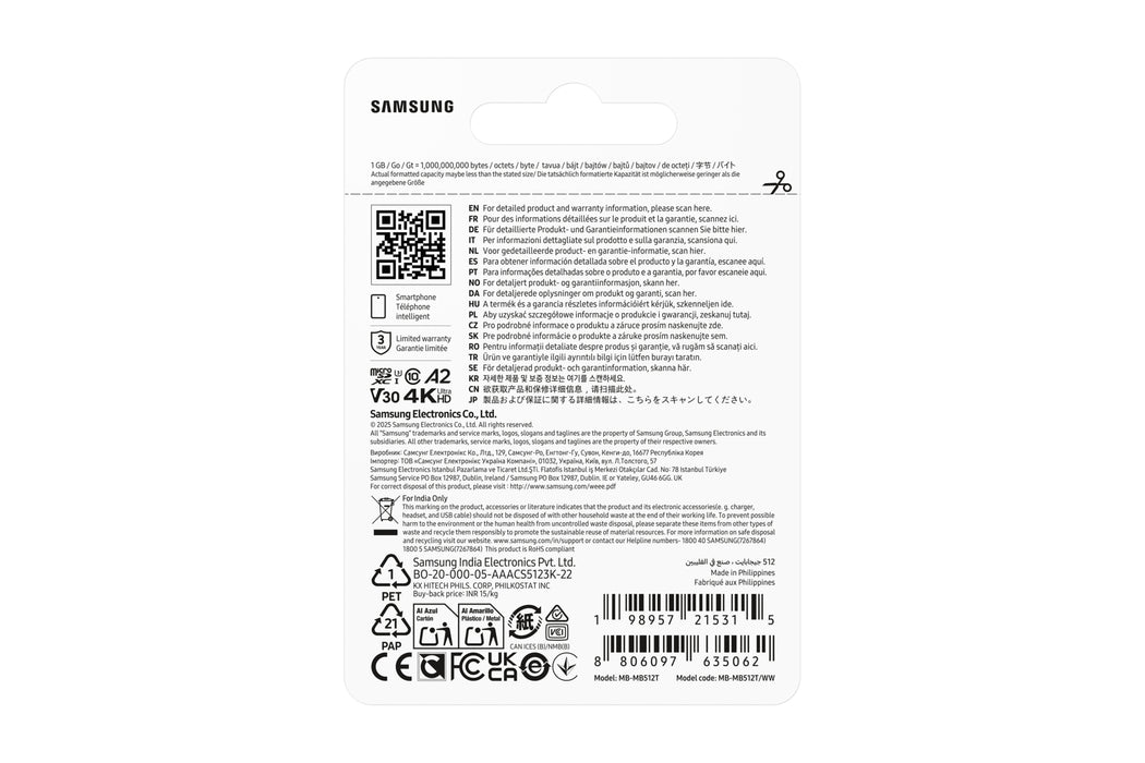 Samsung T7 microSD card, 512 GB, MicroSDHC, Class 10, UHS-I, 170 MB/s, Class 3 (U3)