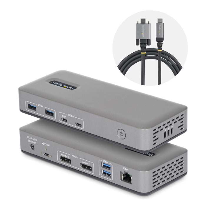 StarTech.com Dual-Monitor USB-C Docking Station, DisplayPort, 4K 60Hz, 100W Laptop Charging, 1GbE, Driverless, Multi-Monitor Dock For Windows, Wired, USB 3.2 Gen 2 (3.1 Gen 2) Type-C, 100 W, 10,100,1000 Mbit/s, Grey, 10 Gbit/s