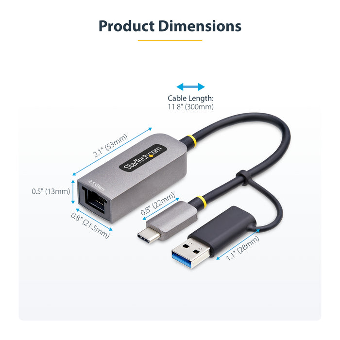 StarTech.com 2.5GbE USB-C to Ethernet Adapter with USB-A Converter, NBASE-T NIC, USB 3.0 Type-C 2.5/1G Multi Speed Network, Thunderbolt Compatible, Windows & Mac, Wired, USB Type-C, Ethernet, 5000 Mbit/s, Grey