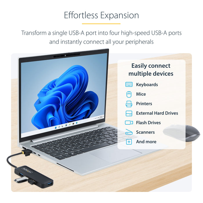StarTech 4-Port USB-A Hub, USB 3.0 (5Gbps) Data Transfer, Bus Powered, Travel Mini Hub, Portable Multi-Port USB Splitter, Windows PC, MacBook, iMac, Chromebook, Surface and More