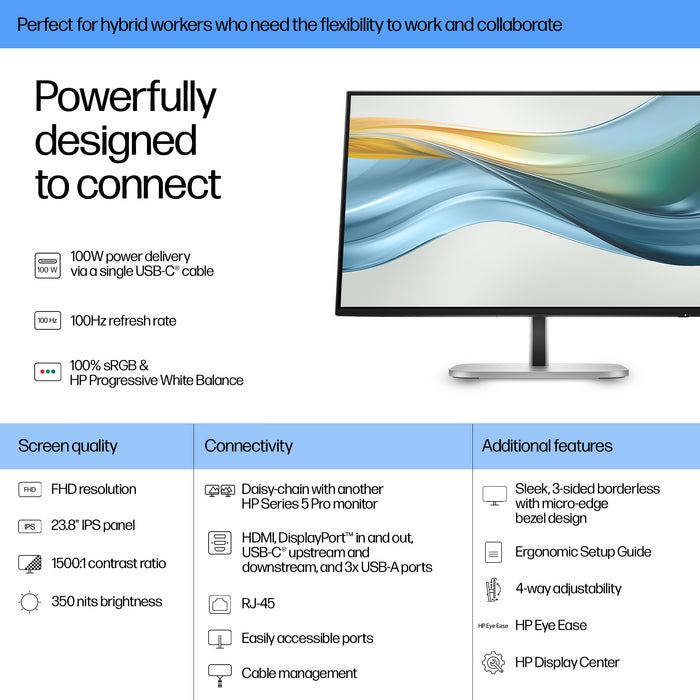 HP Series 5 Pro 23.8 inch FHD USB-C Monitor - 524pu, 60.5 cm (23.8"), 1920 x 1080 pixels, Full HD, LCD, 5 ms, Black
