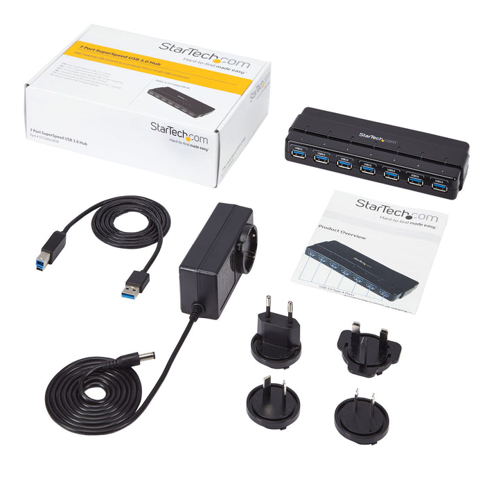StarTech.com 7-Port USB 3.0 Hub (5Gbps) - Desktop, USB 3.2 Gen 1 (3.1 Gen 1) Type-B, USB 3.2 Gen 1 (3.1 Gen 1) Type-A, 5000 Mbit/s, Black, Plastic, DC