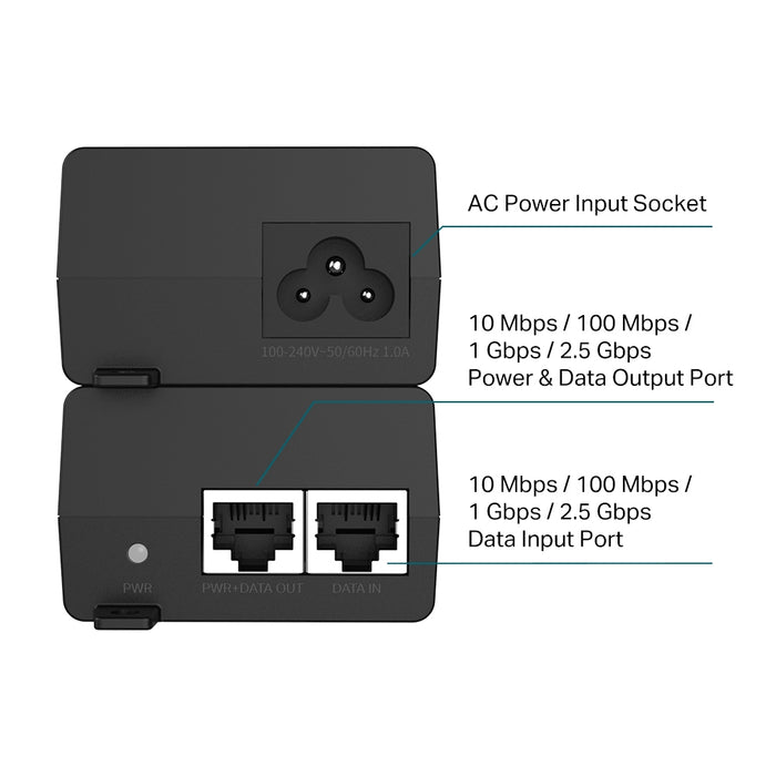TP-Link Omada 2.5G PoE+ Injector Adapter, 2.5 Gigabit Ethernet, Fast Ethernet, Gigabit Ethernet, 10,100,1000,2500 Mbit/s, IEEE 802.3ab, IEEE 802.3af, IEEE 802.3at, IEEE 802.3bz, IEEE 802.3i, IEEE 802.3u, Black, 100 m, 30 W