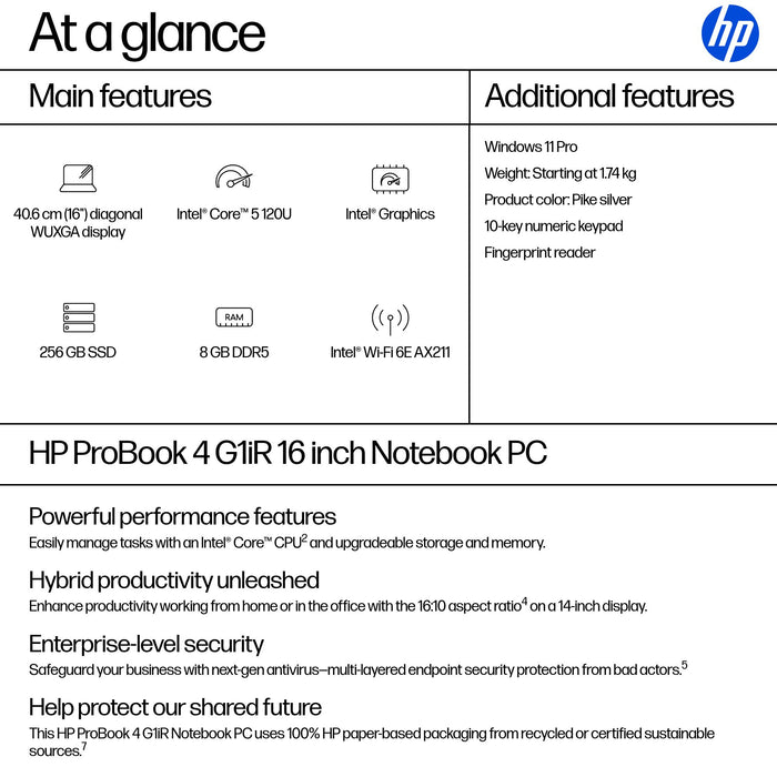 HP ProBook 4 G1iR, Intel Core 5, 40.6 cm (16"), 1920 x 1200 pixels, 8 GB, 256 GB, Windows 11 Pro