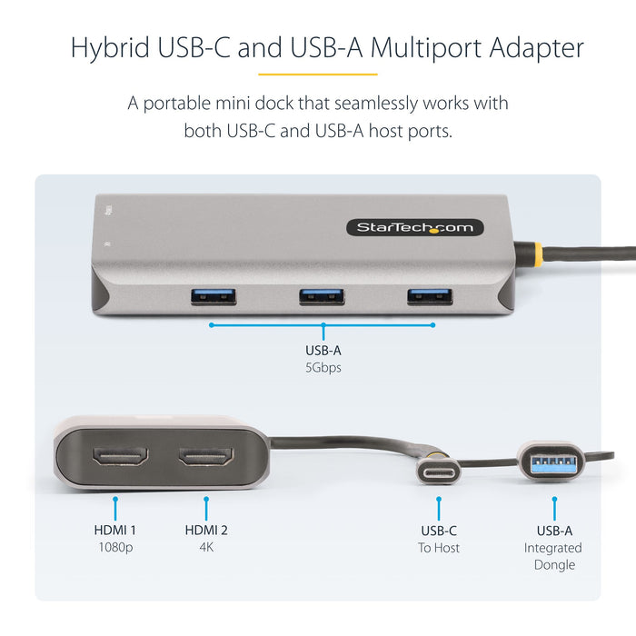 StarTech USB-C to Dual-HDMI Adapter, USB-C/A to 2x HDMI (1x 4K30, 1x 1080p), 3X USB-A 5Gbps Hub, USB to HDMI Converter