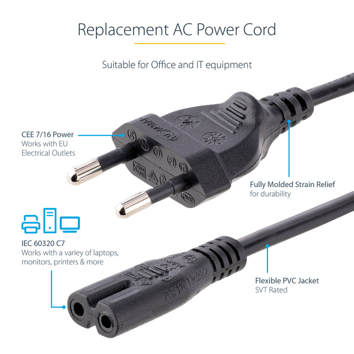 StarTech.com 3m (10ft) Laptop Power Cord, EU Plug to C7, 2.5A 250V, 18AWG, Laptop Replacement Cord, Printer Power Cable, Laptop Charger Cord, Laptop Power Brick Cord, Black, 3 m, CEE7/16, C7 coupler, H03VVH2-F, 250 V, 2.5 A