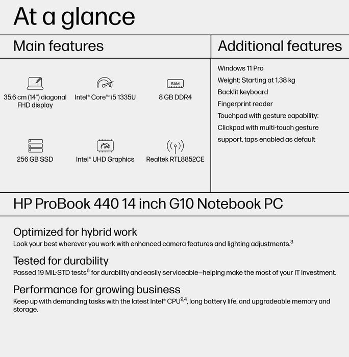 HP ProBook 440 G10, Intel® Core™ i5, 35.6 cm (14"), 1920 x 1080 pixels, 8 GB, 256 GB, Windows 11 Pro