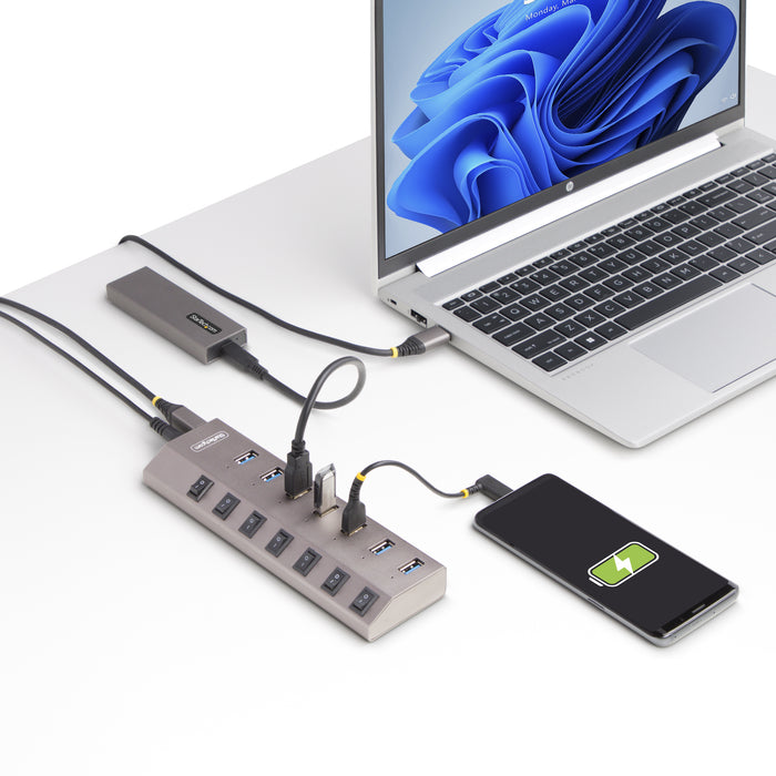 StarTech 7 Port Self-Powered USB C Hub with Individual On/Off Switches, USB 3.0 (5Gbps) Expansion Hub with Power Supply, Desktop Laptop USB-C to USB-A Splitter