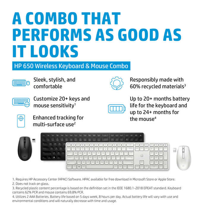 HP 650 Wireless Keyboard and Mouse Combo, Full-size (100%), Wireless, RF Wireless, Membrane, Black, Mouse included