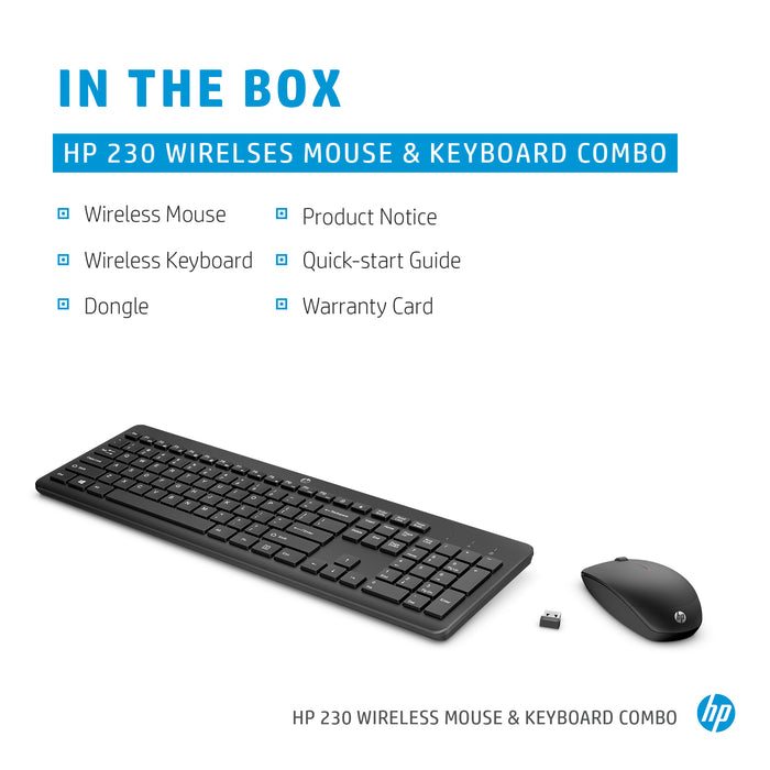 HP 230 Wireless Mouse and Keyboard Combo, Full-size, Wireless, RF Wireless, Membrane, Black, Mouse included