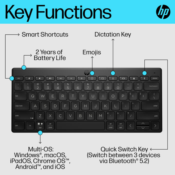 HP 355 Compact Multi-Device Bluetooth Keyboard, Wireless, Bluetooth, Mechanical, Black