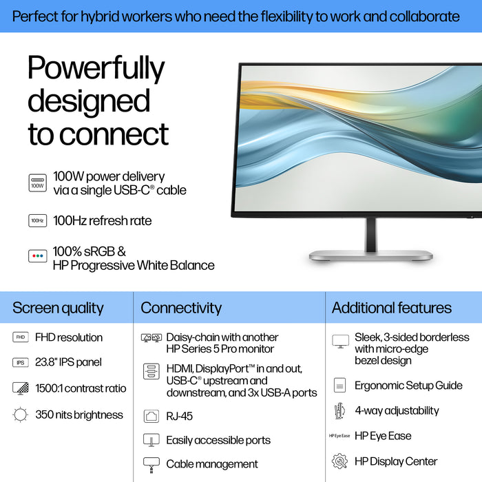 HP Series 5 Pro 23.8 inch FHD USB-C Monitor - 524pu, 60.5 cm (23.8"), 1920 x 1080 pixels, Full HD, LCD, 5 ms, Black, Silver
