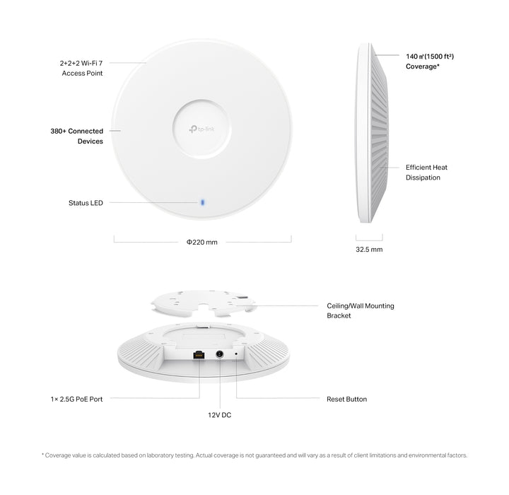 TP-Link Omada BE9300 Ceiling Mount Tri-Band Wi-Fi 7 Access Point, 2.4 GHz, 5 GHz, 6 GHz, 9300 Mbit/s, SNMP, SNMPv2, SNMPv3, WPA-Enterprise, WPA-Personal, WPA2-Enterprise, WPA2-Personal,..., 2500 Mbit/s