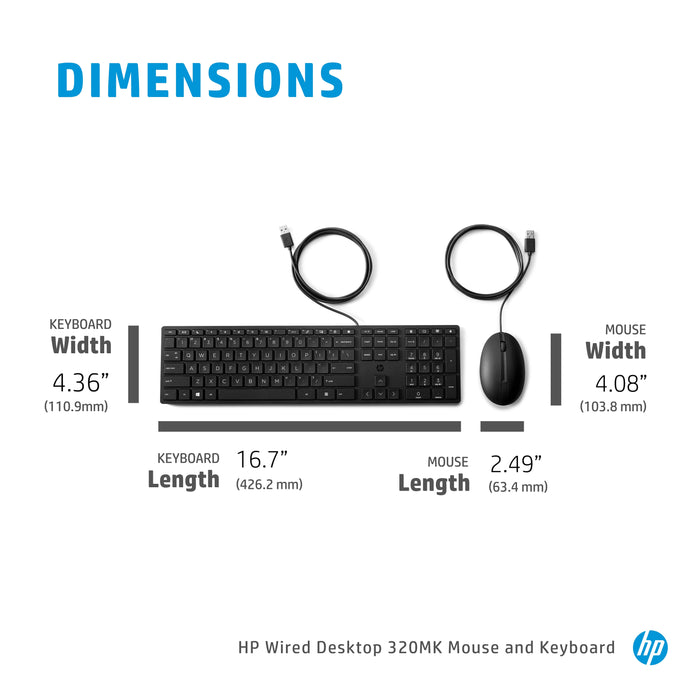 HP Wired Desktop 320MK Mouse and Keyboard, Full-size (100%), Wired, USB, Black, Mouse included