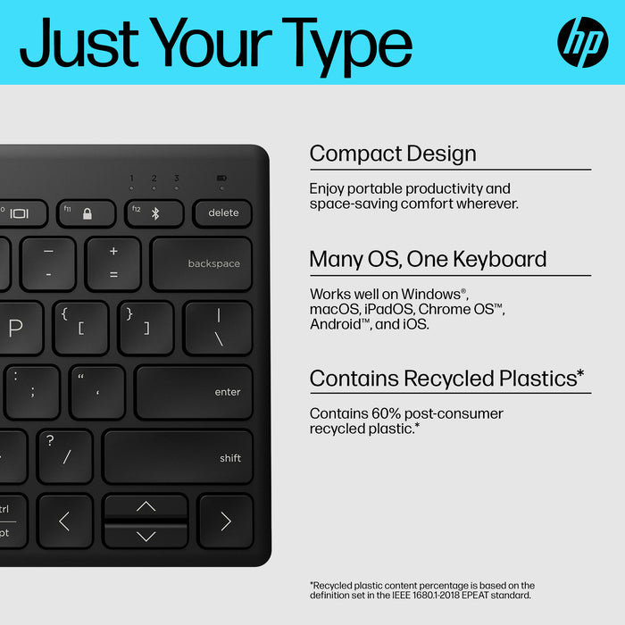 HP 355 Compact Multi-Device Bluetooth Keyboard, Wireless, Bluetooth, Mechanical, Black