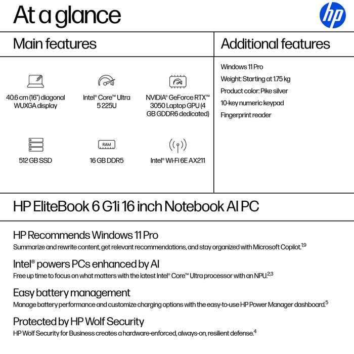 HP EliteBook 6 G1i 16 inch Notebook AI PC, Intel Core Ultra 5, 40.6 cm (16"), 1920 x 1200 pixels, 16 GB, 512 GB, Windows 11 Pro