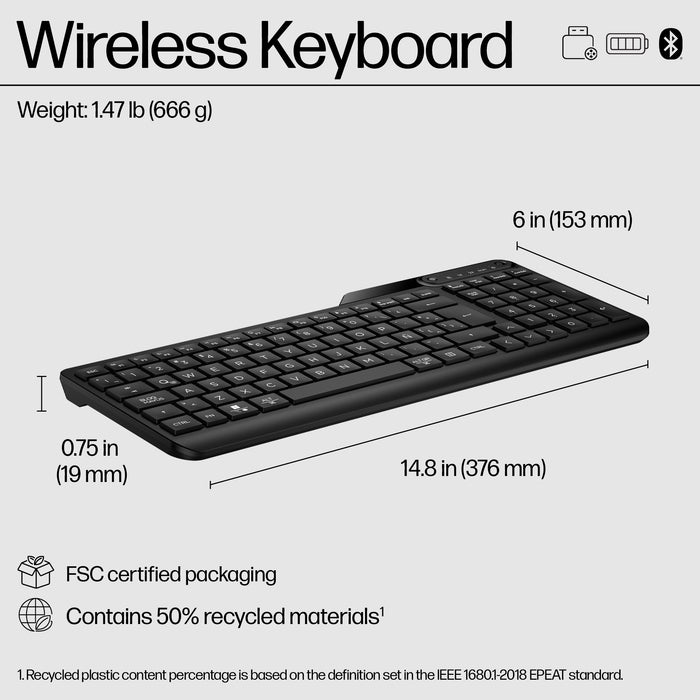 HP 475 Dual-Mode Wireless Keyboard, Full-size (100%), Wireless, RF Wireless + Bluetooth, Membrane, Black
