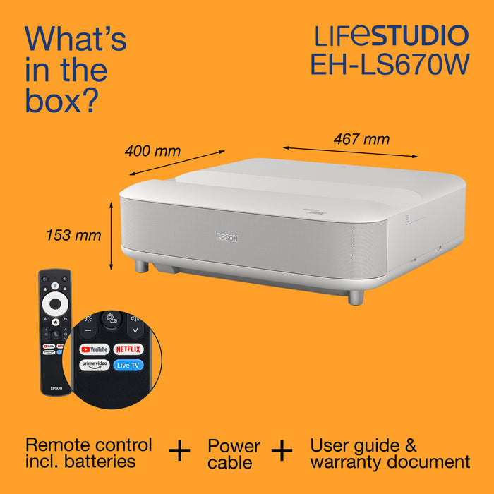 Epson Lifestudio Grand EH-LS670W - White Diamond, 3600 ANSI lumens, 3LCD, UHD 4K (3840x2160), 5000000:1, 16:9, 1524 - 3048 mm (60 - 120")