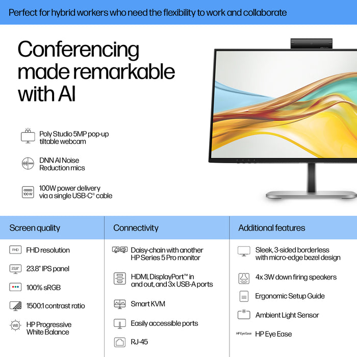 HP Series 5 Pro 23.8 inch FHD USB-C Conferencing Monitor - 524pm, 60.5 cm (23.8"), 1920 x 1080 pixels, Full HD, LCD, 5 ms, Black