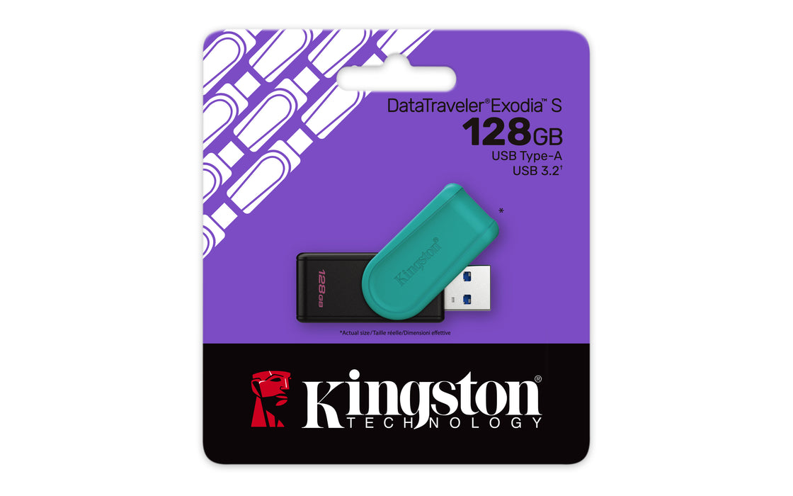 Kingston Technology DataTraveler 128GB Portable USB 3.2 Gen 1 Exodia S (Black/Turquoise), 128 GB, USB Type-A, 3.2 Gen 1 (3.1 Gen 1), Swivel, 8.32 g, Black, Turquoise