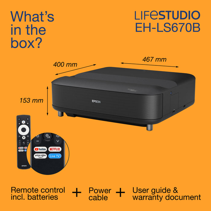 Epson Lifestudio Grand EH-LS670B - Metallic black, 3600 ANSI lumens, 3LCD, UHD 4K (3840x2160), 5000000:1, 16:9, 1524 - 3048 mm (60 - 120")