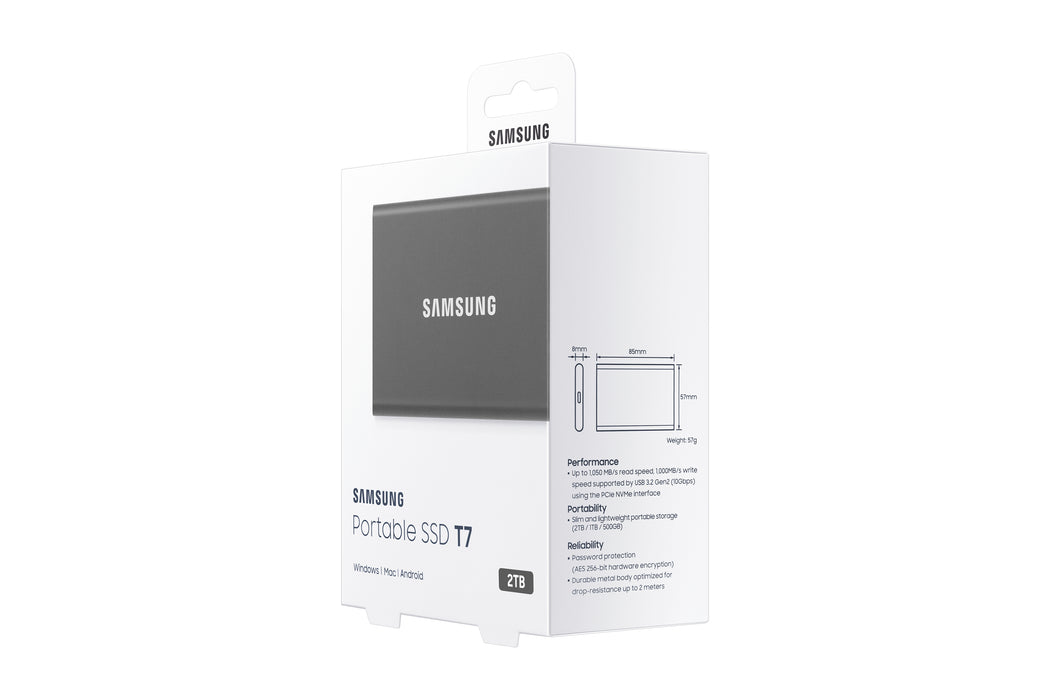 Samsung Portable SSD T7, 2 TB, USB Type-C, 3.2 Gen 2 (3.1 Gen 2), 1050 MB/s, Password protection, Grey