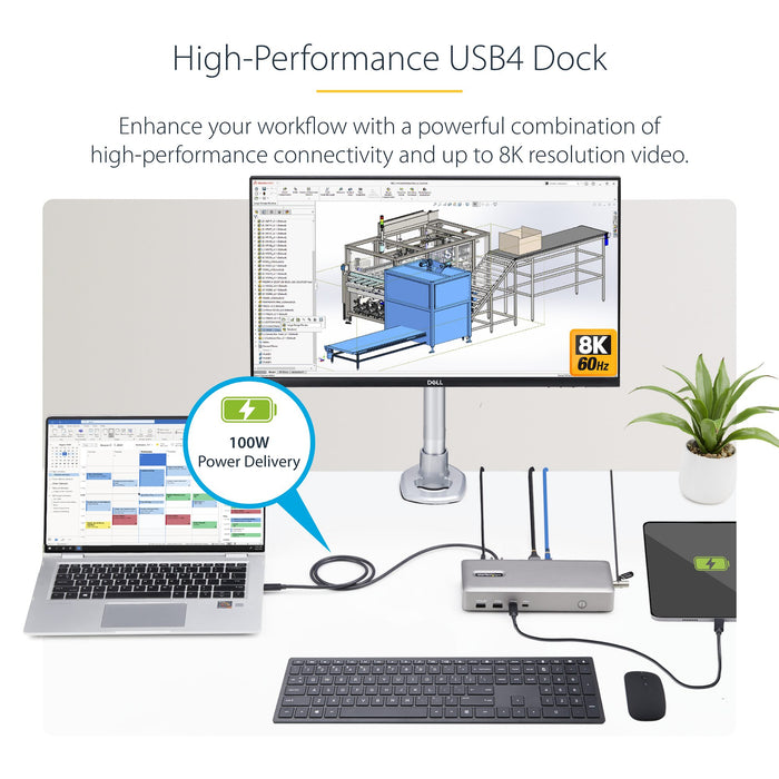 StarTech.com Dual-Monitor USB4 Docking Station, Dual 4K 120Hz or Single 8K 60Hz HDMI, 100W Laptop Charging, 2.5GbE, USB-C Multi-Monitor Dock, Driverless, Wired, USB4, 100 W, 10,100,1000,2500 Mbit/s, Silver, 40 Gbit/s