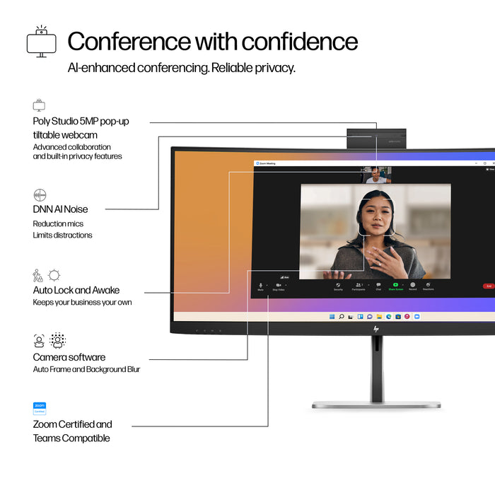HP Series 5 Pro 34 inch WQHD USB-C Conferencing Monitor - 534pm, 86.4 cm (34"), 3440 x 1440 pixels, Wide Quad HD, LCD, 5 ms, Black