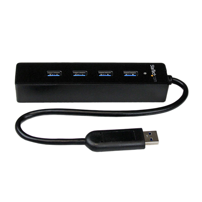 StarTech.com 4 Port Portable SuperSpeed USB 3.0 Hub with Built-in Cable - 5Gbps, USB 3.2 Gen 1 (3.1 Gen 1) Type-A, USB 3.2 Gen 1 (3.1 Gen 1) Type-A, 5000 Mbit/s, Black, Plastic, Power