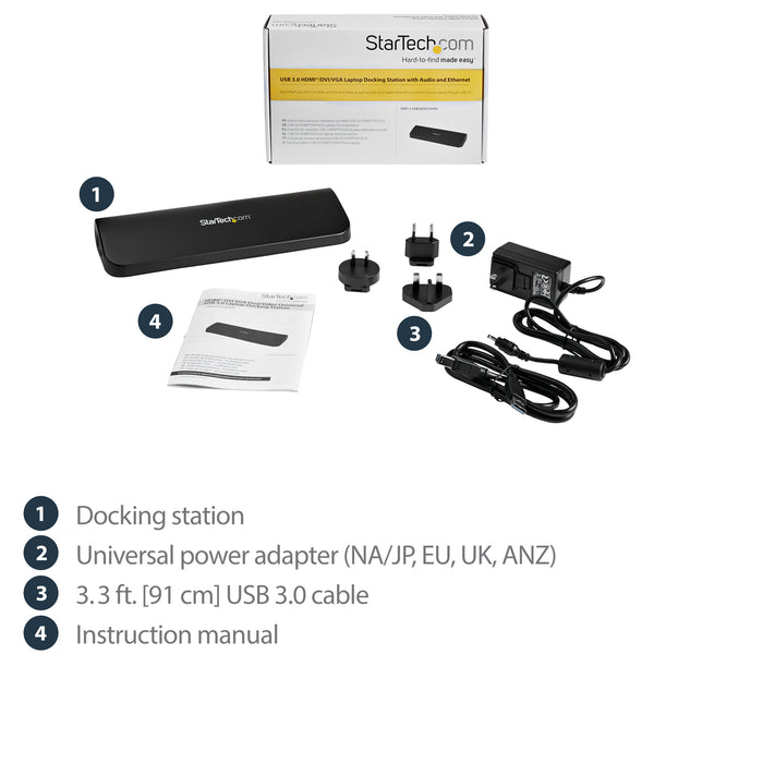 StarTech Dual Monitor USB 3.0 Laptop Docking Station with HDMI/DVI/VGA, 3x USB-A Hub, GbE, Audio, Universal Type-A Dock for Windows/macOS/ChromeOS - TAA Compliant (USB3SDOCKHDV)