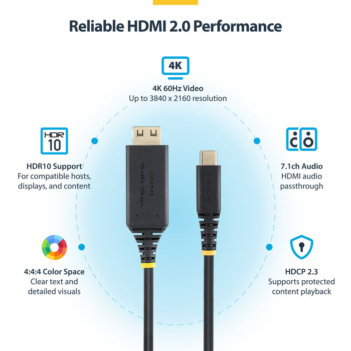 StarTech.com 2m USB-C to HDMI Adapter Cable, Gripping HDMI Connector, 4K 60Hz, Thunderbolt Compatible, HDR, Uni-Directional Cord for MacBook, Dell, HP, Lenovo, 2 m, USB Type-C, HDMI Type A (Standard), Male, Male, Straight