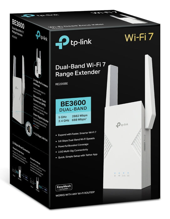 Dual-Band Wi-Fi 7 Range Extender, 2.5 Gbps LAN Port, 2.8 Gbps, 100-240V, 50/60Hz, 0.3A, 15W, 0 - 40℃, White, 97 × 46 × 158 mm
