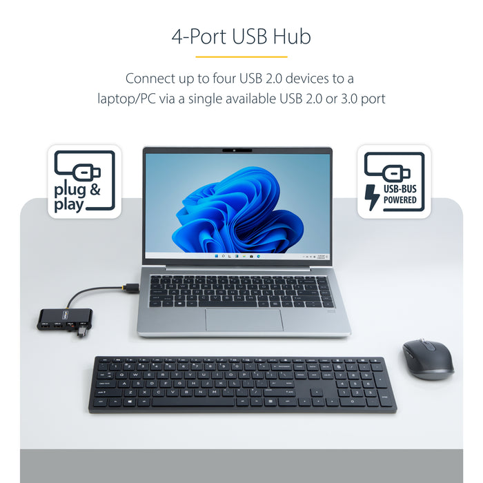 StarTech 4-Port USB 2.0 Hub, USB Bus Powered, Small Travel Mini USB Hub, Multi-Port USB 2.0 Splitter, Portable USB Hub