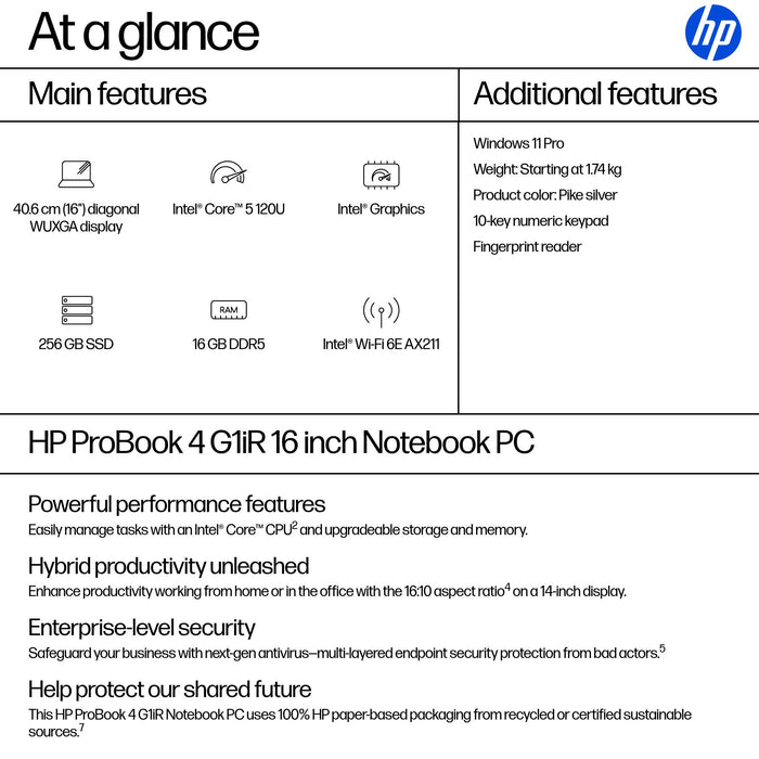 HP ProBook 4 G1iR, Intel Core 5, 40.6 cm (16"), 1920 x 1200 pixels, 16 GB, 256 GB, Windows 11 Pro