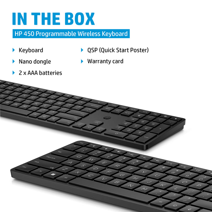 HP 450 Programmable Wireless Keyboard, Full-size (100%), Wired & Wireless, RF Wireless + USB, Black