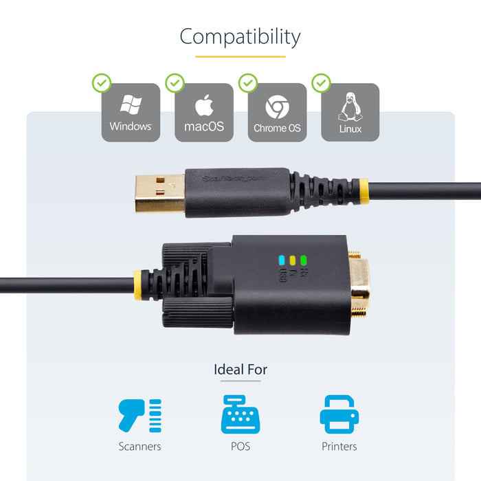 StarTech.com 3.3ft (1m) USB to Serial Adapter Cable, COM Retention, Interchangeable Screws/Nuts, USB-A to DB9 RS232, FTDI IC, ESD Protection, Windows/macOS/Linux, Black, 1 m, USB Type-A, RS-232, Male, Male