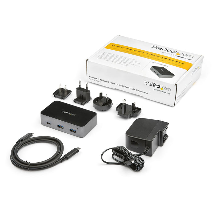StarTech.com 4-Port USB-C™ Hub 10 Gbps - 3x USB-A & 1x USB-C - Powered - TAA, USB 3.2 Gen 2 (3.1 Gen 2) Type-C, USB 3.2 Gen 2 (3.1 Gen 2) Type-A, USB 3.2 Gen 2 (3.1 Gen 2) Type-C, 10000 Mbit/s, Black, Grey, Aluminium, Plastic, Link, Power