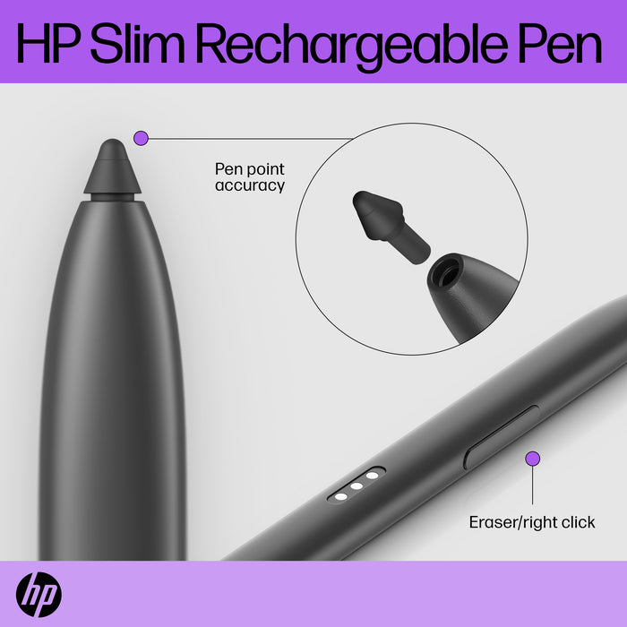 HP Slim Rechargeable Pen, HP, Grey, Compatible only with HP Pro x360 Fortis 11 inch G9 Notebook PC, HP Pro x360 Fortis 11 inch G10..., Gray, China, Business