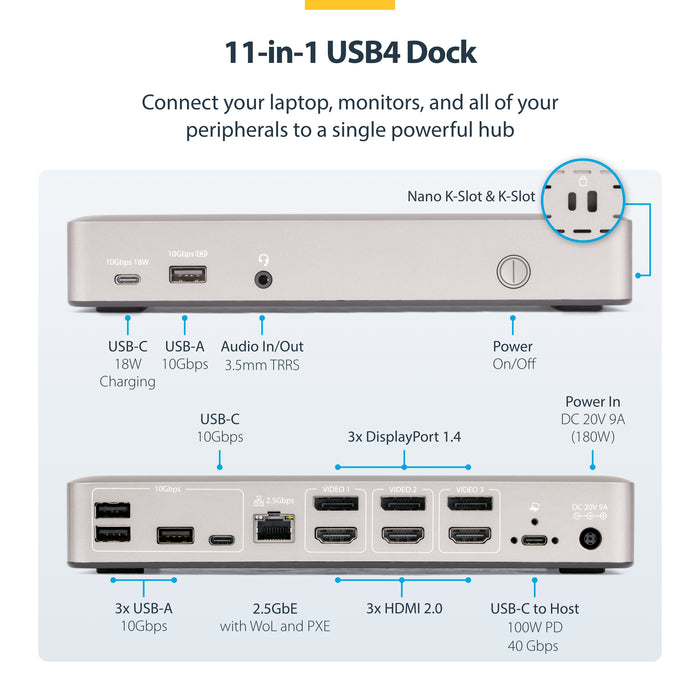 StarTech.com Triple-Monitor USB4 Docking Station, 4K 60Hz HDMI or DisplayPort, 100W Laptop Charging, 2.5GbE, USB-C Multi-Monitor Dock, Driverless, Wired, USB4, 3.5 mm, 10,100,1000,2500 Mbit/s, Grey, 40 Gbit/s
