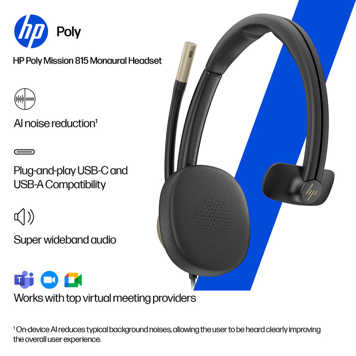 HP Poly Mission 815 Monaural USB Wired Headset, Wired, 122 g, Headset, Black