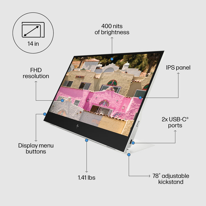 HP E-Series E14 G4 Portable Monitor, 35.6 cm (14"), 1920 x 1080 pixels, Full HD, LCD, 5 ms, Silver